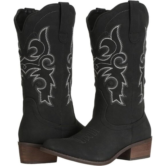J's.o.l.e Women Black Western Pointed Toe Wide Mid Calf Botte Cowboy Femme Boots - Picture 1 of 8